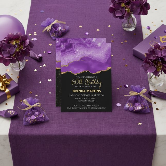 Invitation Pailleté d'Or Violet Aquarelle (Créateur téléchargé)