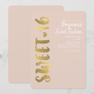 Invitation Pailleté Faux Or Feuille Beige Douce 16 Seize Fête