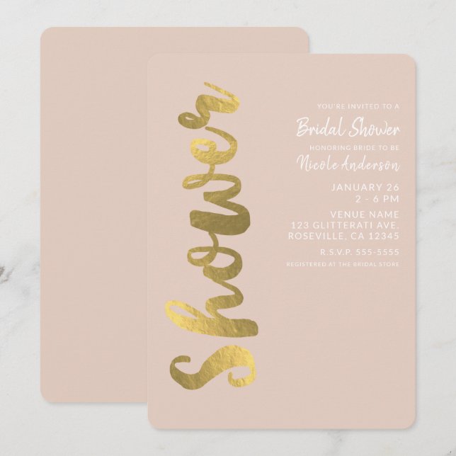 Invitation Pailleté Faux Or Feuille Beige Glam Robe de Mariée (Devant / Derrière)