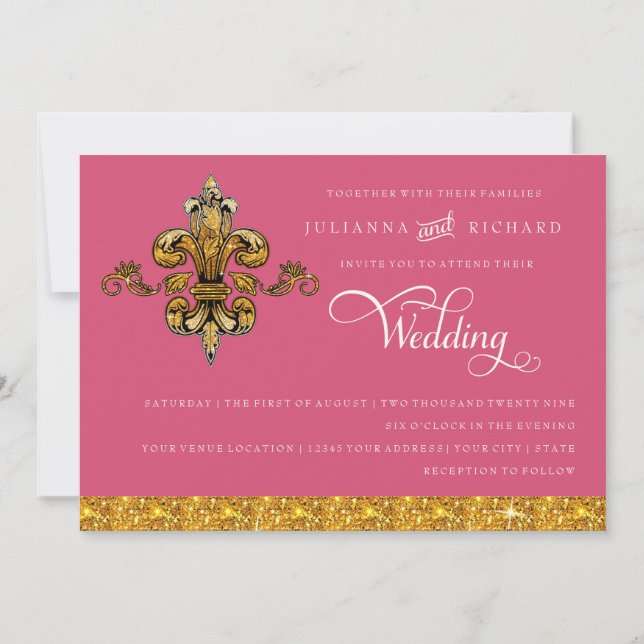 Invitation Pailleté Faux Or Noir Formel Fleur de Lis (Dos)