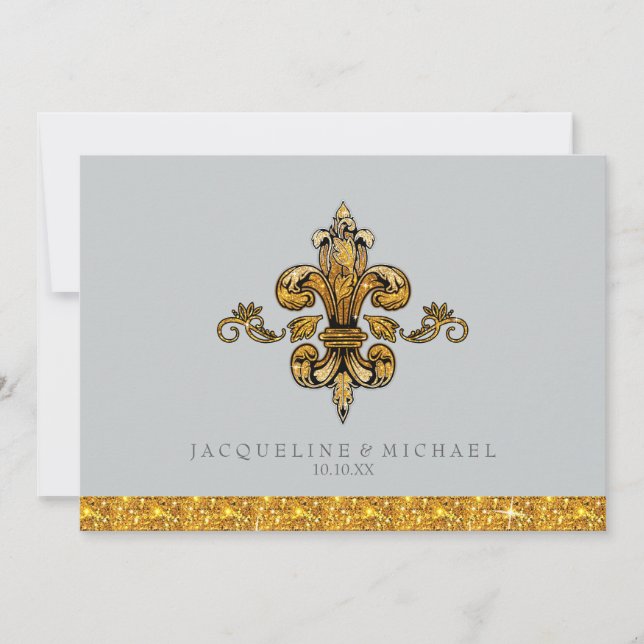 Invitation Pailleté Faux Or Noir Formel Fleur de Lis (Devant)