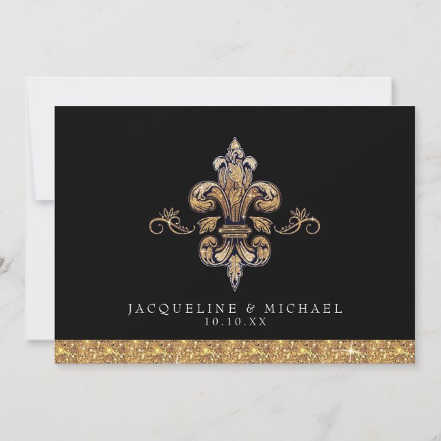 Invitation Pailleté Faux Or Noir Formel Fleur de Lis Aspect P (Dos)