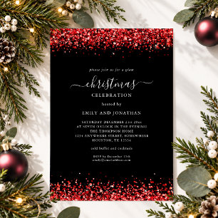 Invitation Pailleté Faux Rouge Paillettes Noël Fête Noir