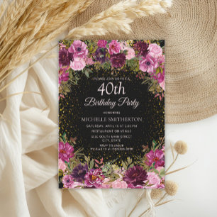Invitation Pailleté Fleurs Rose Bourgogne Noir 40e Anniversai