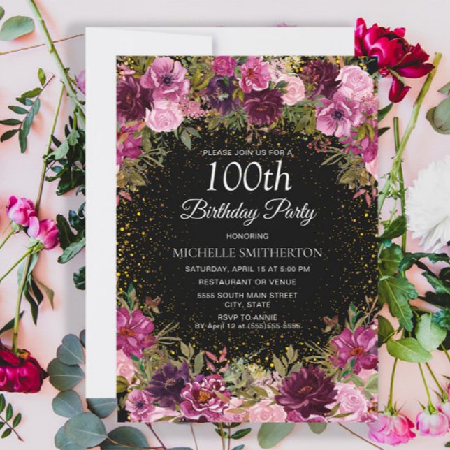 Invitation Pailleté Floral Rose Violet Noir 100e Anniversaire (Pink and burgundy floral on black 100th birthday party invitation)
