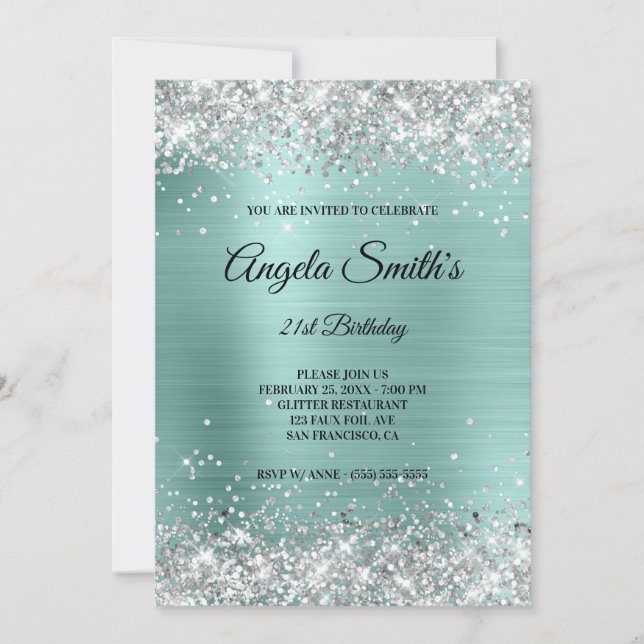 Invitation Pailleté Monogramme Argent Turquoise Feuille (Devant)