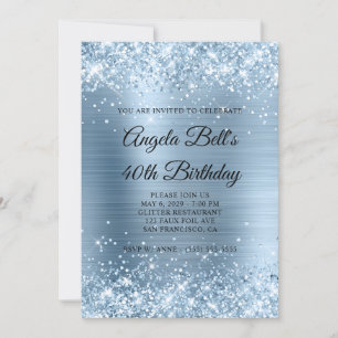 Invitation Pailleté Monogramme en Papier Aluminium Bleu Clair