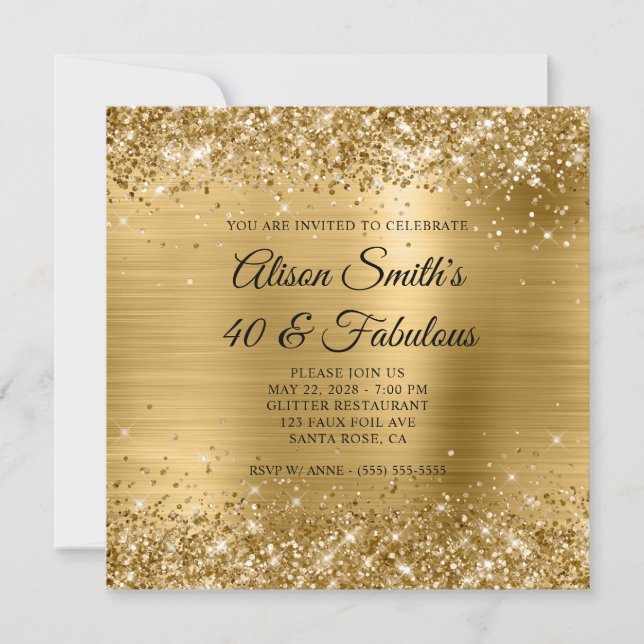 Invitation Pailleté Monogramme Or Feuille 40 & Fabuleux (Devant)