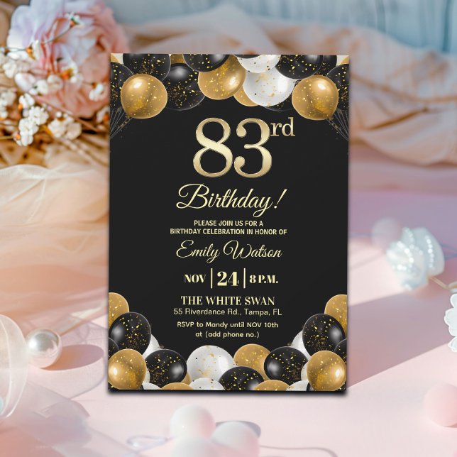 Invitation Pailleté noir élégant Or 83e Anniversaire   (Créateur téléchargé)