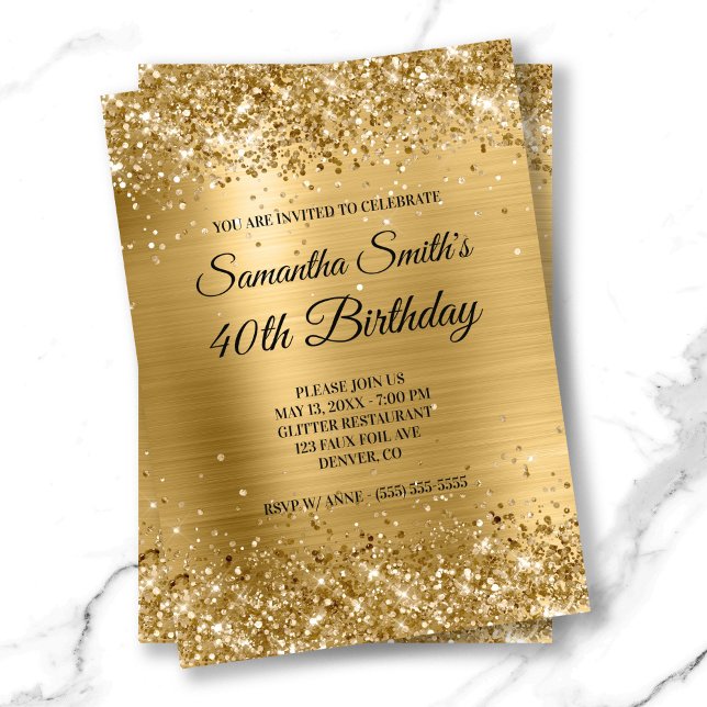 Invitation Pailleté Or Brillant Feuille Monogramme Anniversai (Shiny Gold Glitter Brushed Foil Monogram Birthday Invitation)