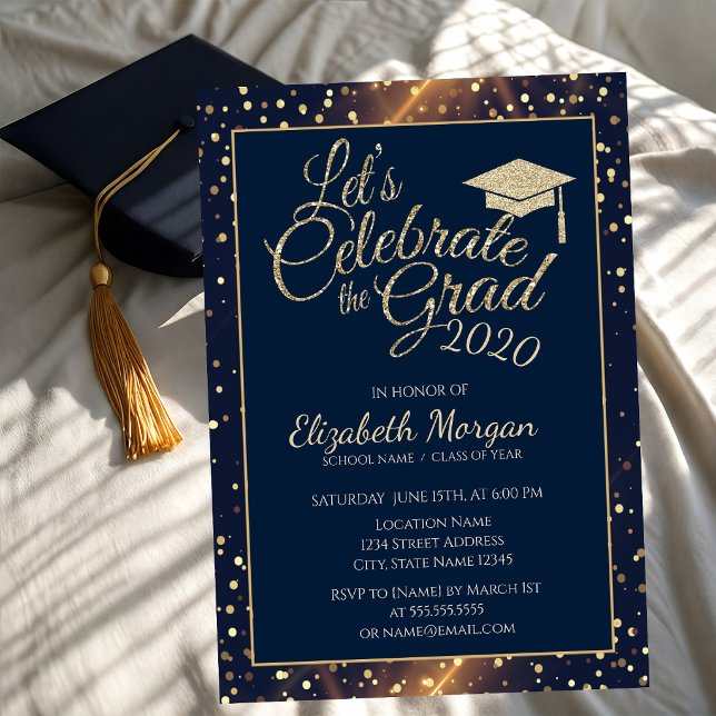 Invitation Pailleté Or Cap Graduation, Points, Bleu Marine (Créateur téléchargé)