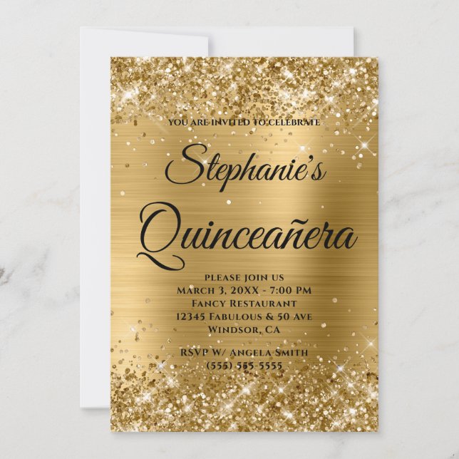 Invitation Pailleté Or Feuille Luxe Monogram Quinceañera (Devant)