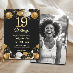 Invitation Pailleté Or Noir Élégant Photo Anniversaire 19 Ans