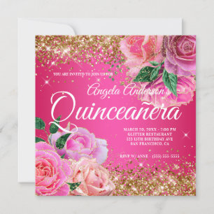 Invitation Pailleté or pailleté rose rose glamour Quinceañera