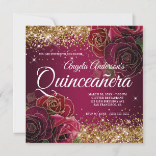 Invitation Pailleté or pailleté rouge bordeaux rose Quinceañe