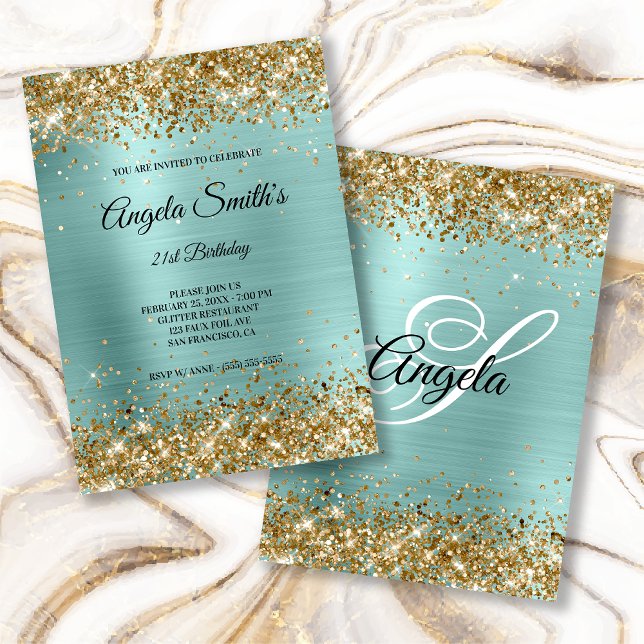 Invitation Pailleté Or Paillettes Turquoise Feuille Monogramm (Créateur téléchargé)