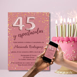 Invitation Pailleté Or Rose Élégant 45e Anniversaire Espagnol