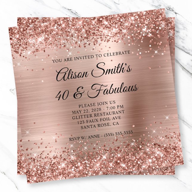 Invitation Pailleté Or Rose Monogramme 40 & Fabuleux (Glittery Rose Gold Foil Monogram 40 & Fabulous Invitation)