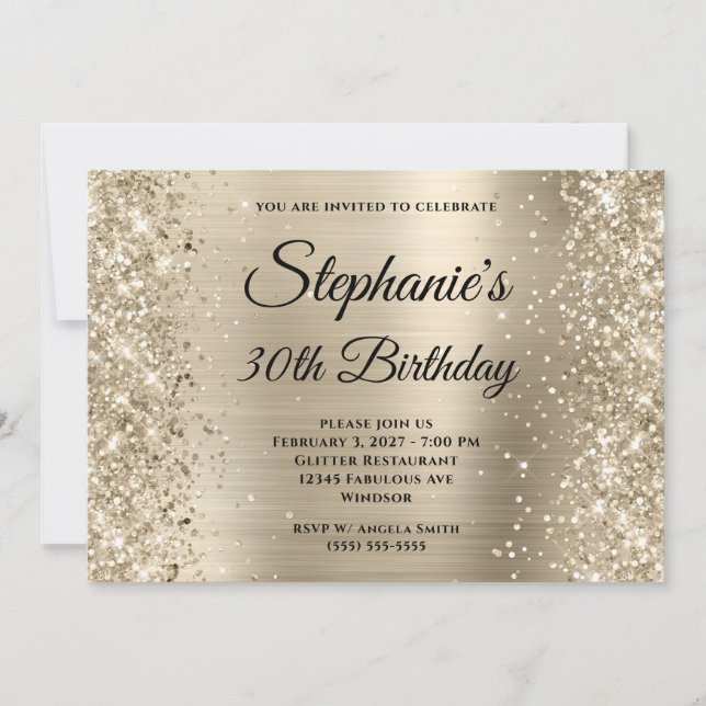 Invitation Pailleté Papier Aluminium Champagne Monogramme 30e (Devant)