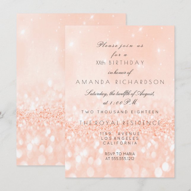 Invitation Pailleté pastel corail pêche mariage fille anniver (Devant / Derrière)