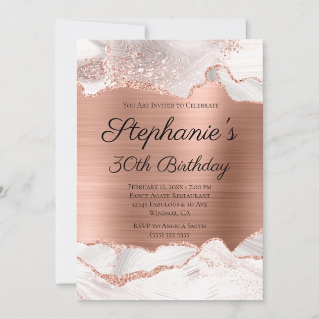 Invitation Pailleté Rose Gold Blanc Agate Feuille 30e Anniver (Devant)