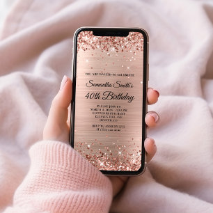 Invitation Pailleté Rose Gold Brossé Feuille 40e Anniversaire