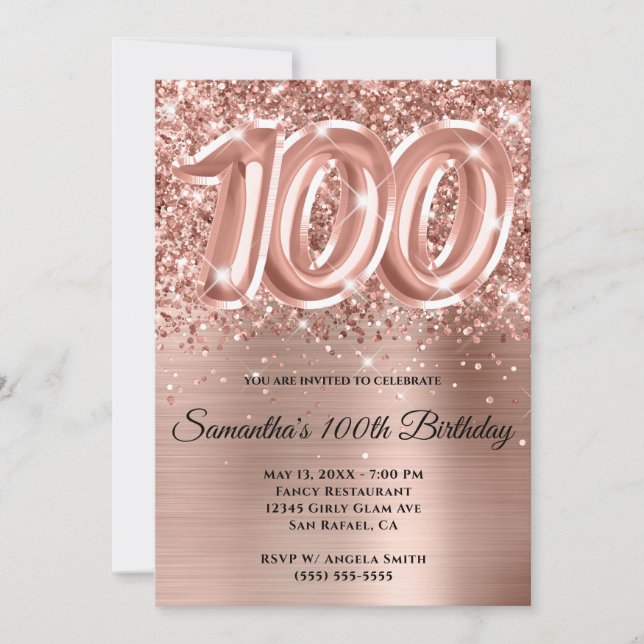 Invitation Pailleté Rose Gold Glam 100e Anniversaire (Devant)