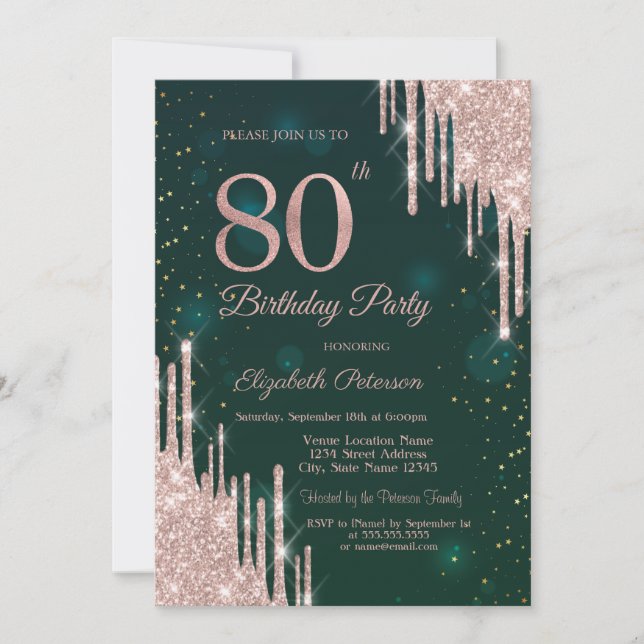 Invitation Pailleté Rose Gold Gouttes Vertes 80ème Anniversai (Devant)