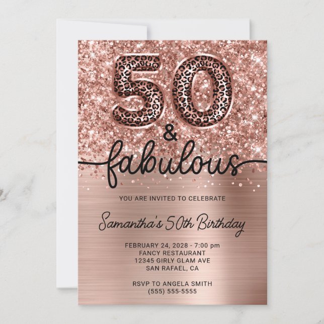 Invitation Pailleté Rose Gold Léopard Glam 50 et Fabuleux (Devant)