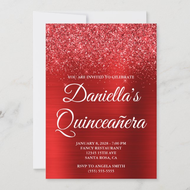 Invitation Pailleté Rouge Clair Feuille Quinceañera (Devant)