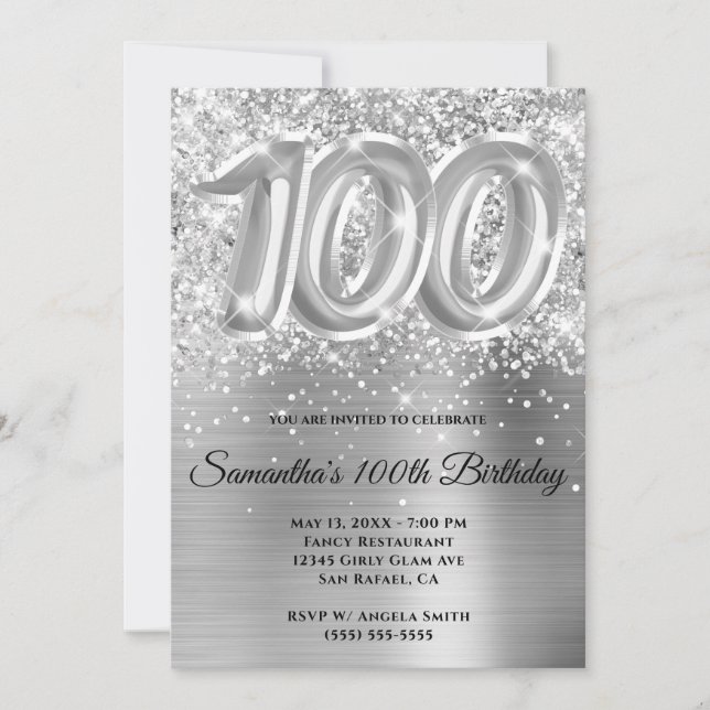 Invitation Pailleté Scintillant Argent Glam 100e Anniversaire (Devant)