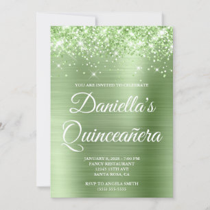 Invitation Pailleté scintillant vert clair Quinceañera en feu