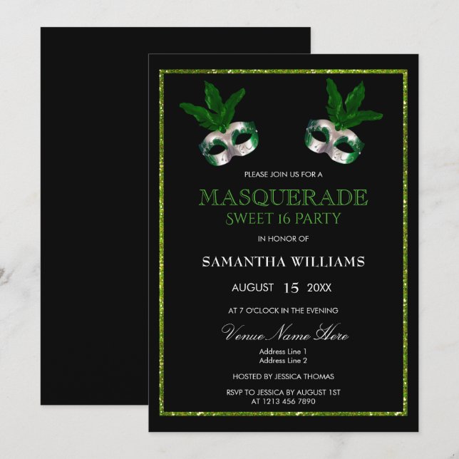 Invitation Pailleté Vert Glitzy Mascarade Douce 16 (Devant / Derrière)