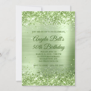 Invitation Pailleté Vert Menthe Paillettes et Feuille 50e Ann