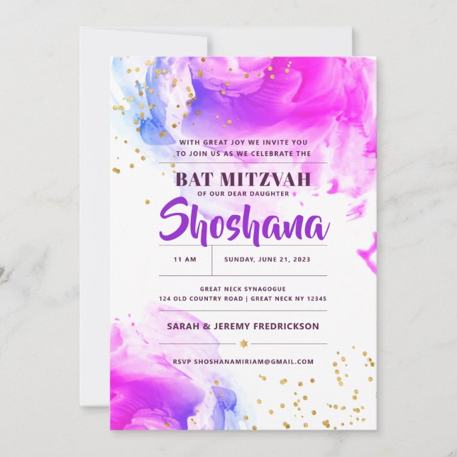 Invitation pailletée aquarelle pour Bat Mitzvah (Devant)