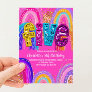 Invitation pailletée arc-en-ciel pour 5ème anniver