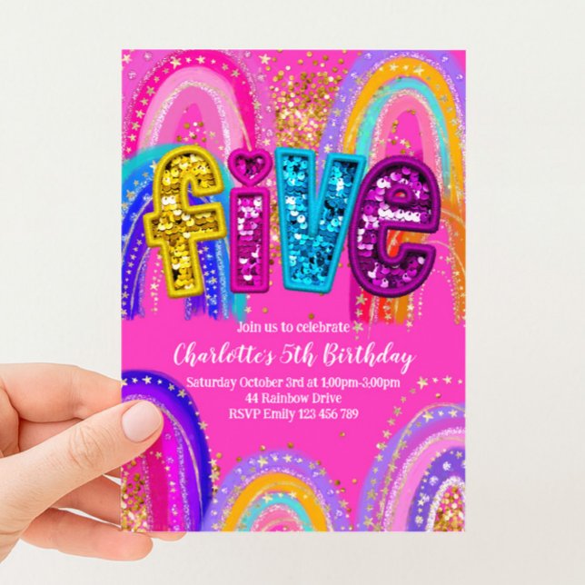 Invitation pailletée arc-en-ciel pour 5ème anniver (Créateur téléchargé)