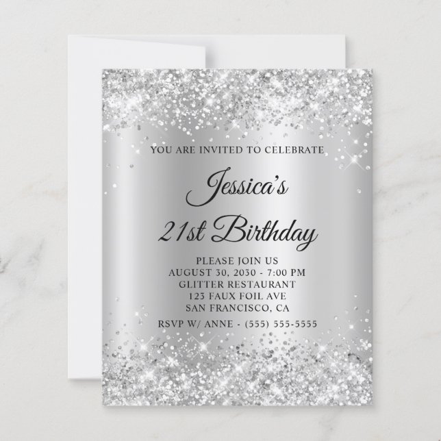 Invitation pailletée argentée pour 21e anniversair (Devant)