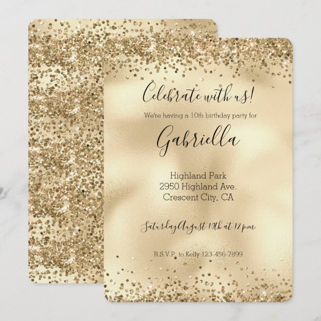 Invitation pailletée dorée avec confettis scintill (Devant / Derrière)