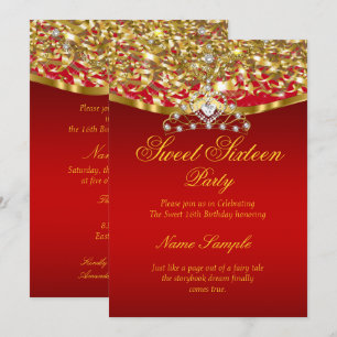 Invitation pailletée fête Sweet 16 rouge or