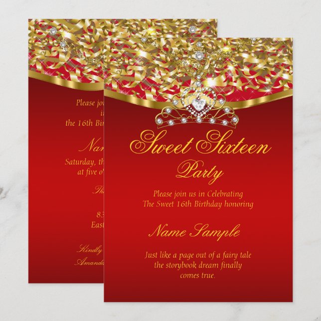 Invitation pailletée fête Sweet 16 rouge or (Devant / Derrière)