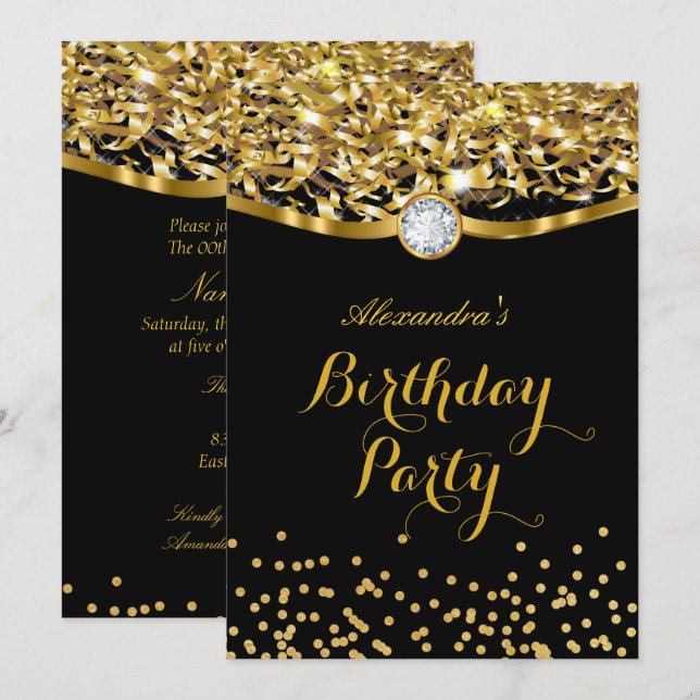 Invitation pailletée or noir pour fête d'anniversa (Devant / Derrière)