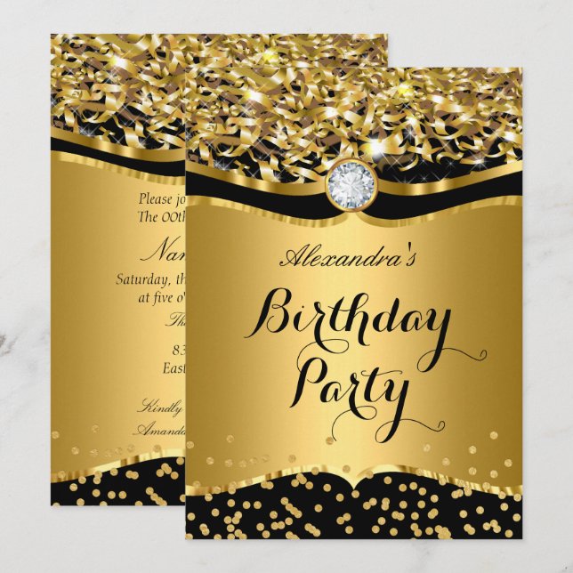 Invitation pailletée or noir pour fête d'anniversa (Devant / Derrière)