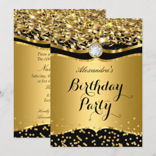 Invitation pailletée or noir pour fête d'anniversa