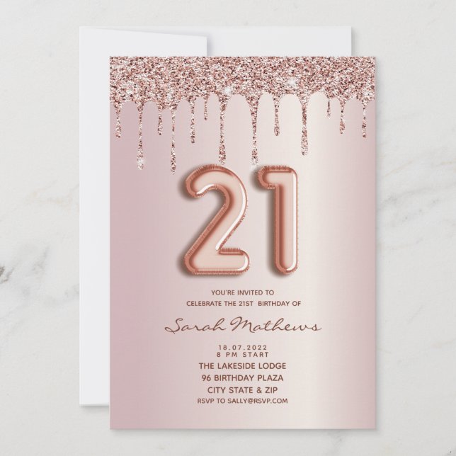 Invitation pailletée or rose pour 21e anniversaire (Devant)