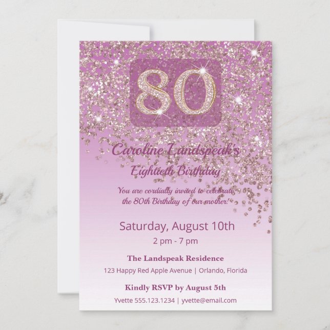 Invitation pailletée or rose pour 80 ans élégante  (Devant)