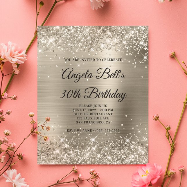 Invitation pailletée pas chère en feuille de plati (Budget Glittery Platinum Foil Glam Invitation)
