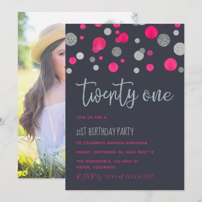 Invitation pailletée pour fête d'anniversaire 21 a (Devant / Derrière)