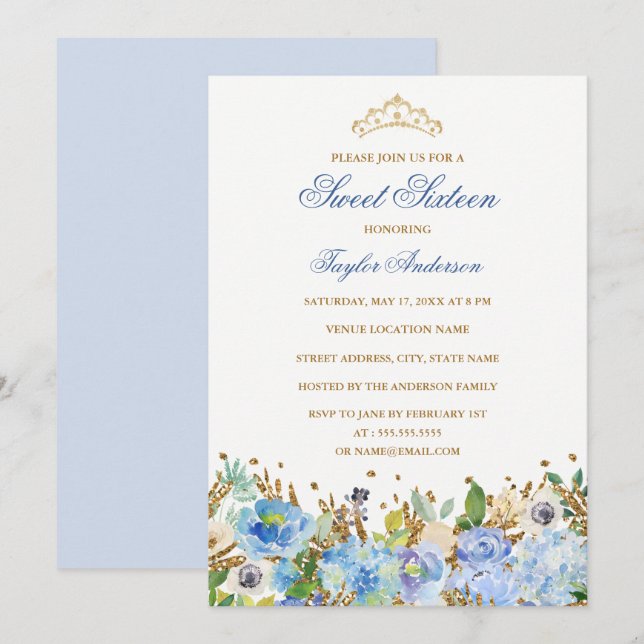 Invitation pailletée scintillante bleue florale po (Devant / Derrière)