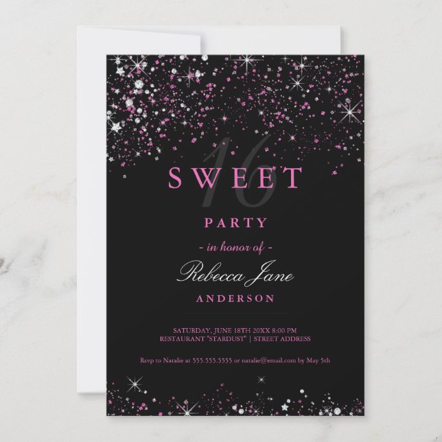 Invitation pailletée Sweet 16 Black Pink (Devant)